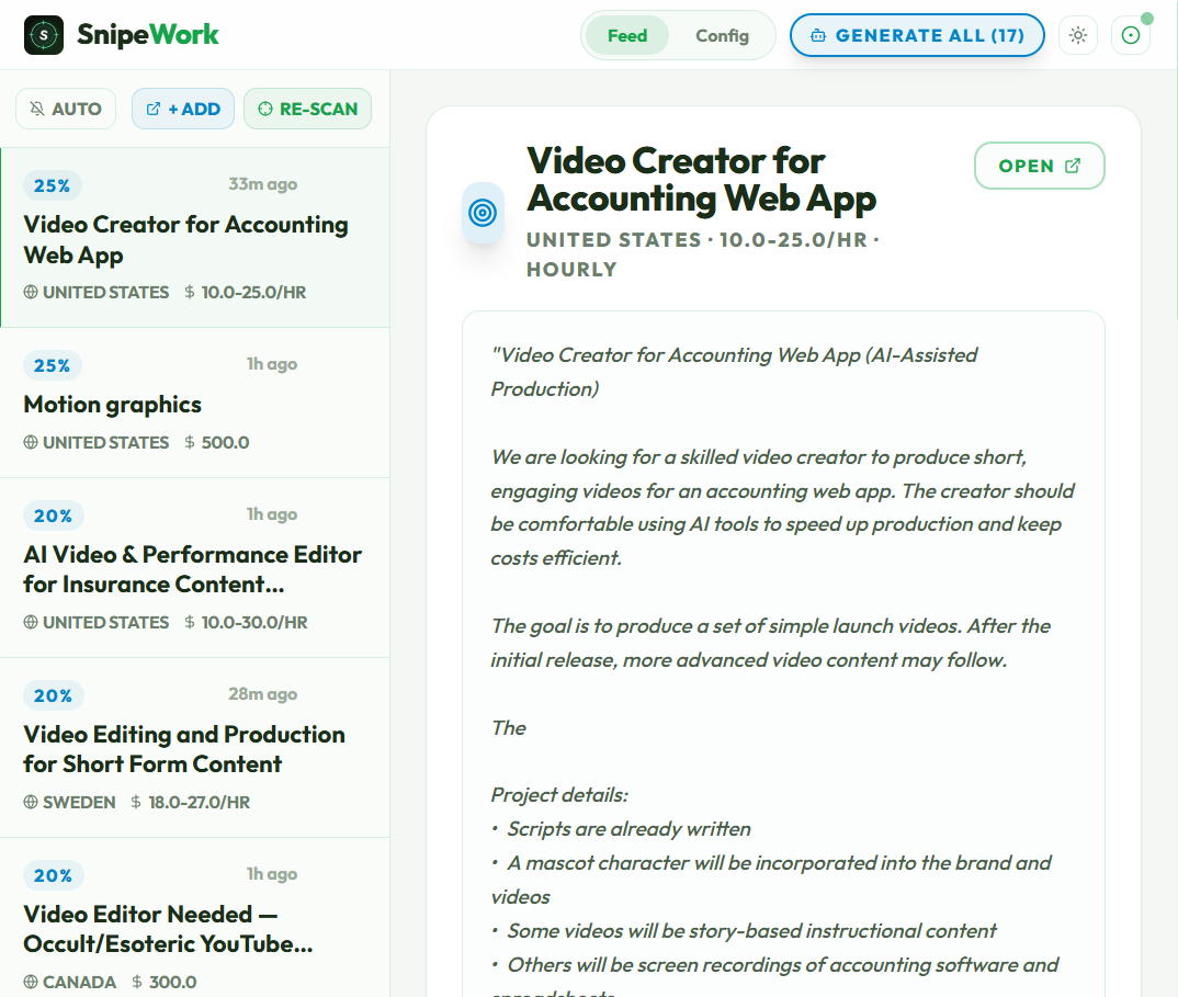 SnipeWork app interface